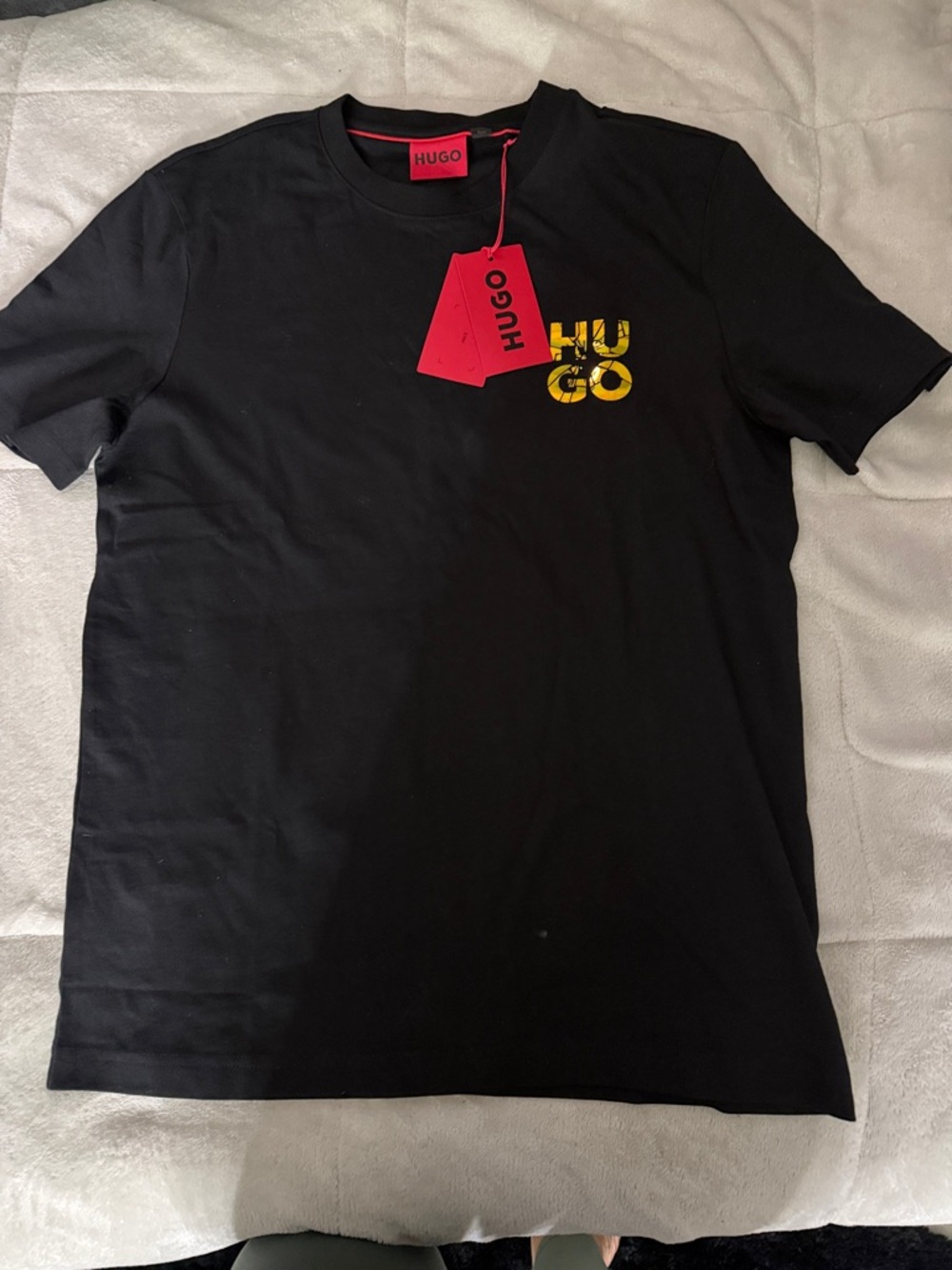 HUGO Black Short‑Sleeve Tee with Yellow Logo